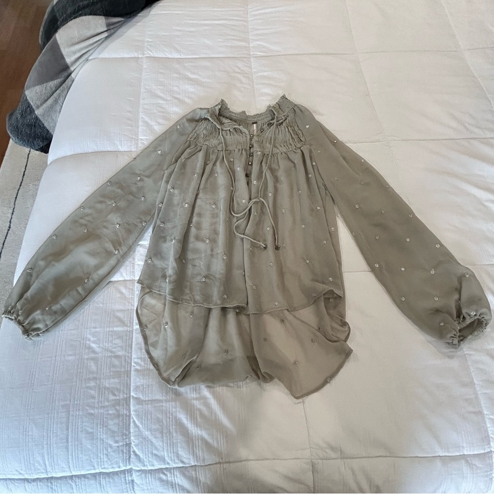 Free People sz. M long sleeve sheer blouse green polka dot - Picture 2 of 9